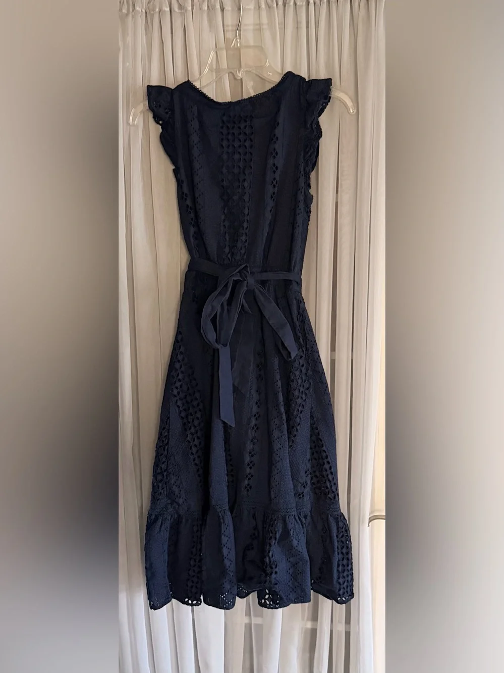 J. Crew Navy Eyelet Wrap Midi Dress with Ruffle Sleeves 100% Cotton 00